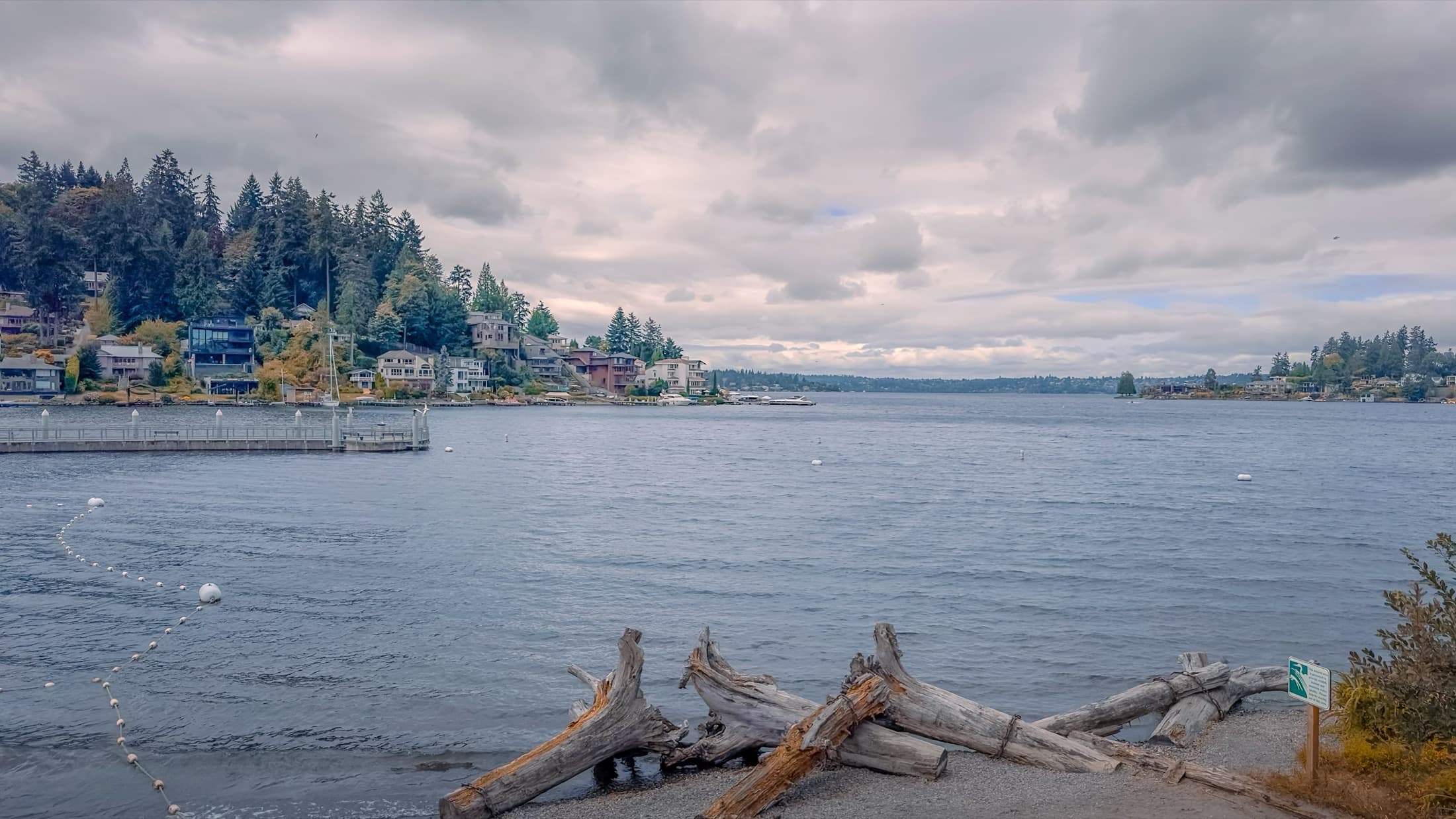 Waterfront and distant skyline under an overcast sky